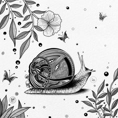 a black and white drawing of a snail with flowers on it's back side