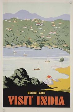 an advertisement for the mount abu visit india, with boats on the water and mountains in the background