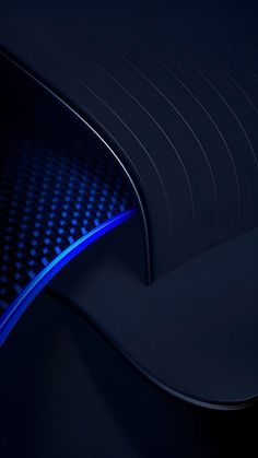 an abstract blue and black wallpaper with curved lines on the bottom, along with dark background