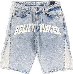 Believe Danger Oversized Men's Denim Shorts - STREETMODE ™ Summer Denim Bottoms With Letter Print, Denim Blue Letter Print Bottoms, Denim Blue Bottoms With Letter Print, Denim Blue Letter Print Denim Bottoms, Denim Blue Five Pocket Shorts For Streetwear, Medium Wash Denim Bottoms With Letter Print, Streetwear Short Length Jean Shorts With Five Pockets, Jean Shorts With Five Pockets For Streetwear, High Rise Cotton Shorts For Streetwear