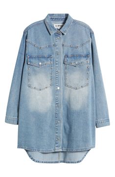 A Western yoke and glossy studs add an edgy touch to this oversized button-up shirt made from faded nonstretch denim. Front snap closure Point collar Long sleeves with snap cuffs Chest button-flap patch pockets 100% cotton Machine wash, tumble dry Imported Spring Long Sleeve Denim Jacket With Rivets, Casual Long Sleeve Denim Jacket With Rivets, Trendy Relaxed Fit Denim Top With Snap Buttons, Trendy Relaxed Fit Denim Top With Buttons, Oversized Denim Top With Button Closure For Fall, Oversized Denim Shirt, Light Blue Top, Womens Denim Shirt, Denim Shirt