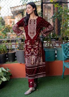 Buy Micro Velvet Formal Salwar Kameez for Girls in Wine Red Shade a Soulful Pakistani Dress. This Formal Salwar Kameez can be Customized. Fast Shipping.