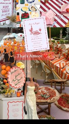 there is a woman standing in front of a table with pizzas and oranges on it