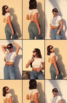 a collage of photos of a woman in white shirt and jeans with her hand on her hip