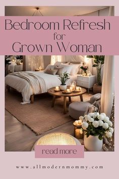 a bedroom refreshh for grown woman with candles on the bed and flowers in vases