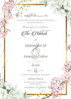 the wedding card is decorated with pink flowers and gold trimmings on white paper