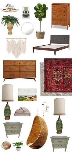 a collage of furniture and accessories including a bed, dresser, mirror, lamp, rug