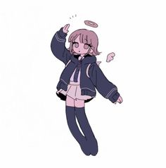 an anime character is flying through the air with her hands up in the air,