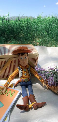 a toy cowboy sitting on the ground next to a basket with flowers and a book