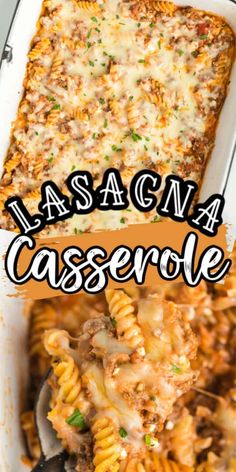 lasagna casserole in a baking dish with a serving spoon and title overlay