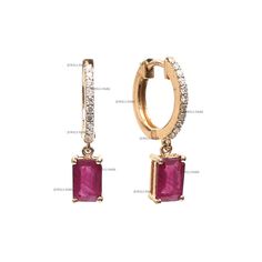 Ruby emerald cut drop mini diamond hoops earrings gold | Natural ruby small hoop earring gold | Ruby drop octagon cut mini hoops earrings GEMSTONE DETAILS : ✦ Gemstone : Ruby  ✦ Gemstone Type : Natural ✦ Gemstone Size : 6x4 mm ✦ Gemstone Shape : Emeald Cut / Octagon Cut ✦ Number of Gemstones : 2 ✦ Gemstone Weight : 1.39 Carats ✦ Gemstone Grade : AAA DIAMOND DETAILS : ✦ Diamond Type : Natural ✦ Diamond Size :  1.20 MM ✦ Diamond Color : F-G ✦ Diamond Clarity : Slightly included ✦ Diamond Cut : Excellent  ✦ Diamond Weight : 0.35 Carats METAL DETAILS : ✦ Metal : 14K/18K Gold ✦ Metal Color : Yellow / White / Rose Gold ✦ Setting : Flush Setting ✦ Ring Box : Yes SHIPPING DETAILS : ✦ Production time : 10-12 days ✦ Delivery time : 7-8 days ✦ Expedited shipping : Available ✦ Expedited shipping servi Diamond Hoops Earrings, Hoops Earrings Gold, Gold Diamond Hoop Earrings, Earrings Gemstone, Rainbow Bracelet, Mini Hoop Earrings, Ruby Emerald, Earring Gold, Hoops Earrings