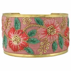 Soft pink flowers and gold embroidery create a dreamy vintage inspired cuff bracelet. This wide cuff bracelet makes quite the statement with it's delicately embroidered floral design. The beaded and thread accents give this cuff bracelet extra elegant details. * Handmade  * Pink, coral, green and gold embroidery * Statement making cuff bracelet in vintage design I also make matching earrings Gold Embroidered Bracelets For Wedding, Bohemian Cuff Bracelets For Spring, Gold Embroidered Bangle Bracelet, Bohemian Embroidered Bracelets For Weddings, Pink Bohemian Beaded Cuff Bracelet, Pink Beaded Bohemian Cuff Bracelet, Pink Embroidered Wedding Jewelry, Spring Bohemian Bangle Cuff Bracelet, Festive Pink Embroidered Jewelry