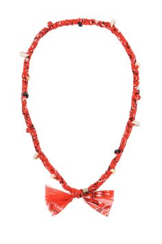 a red and white necklace with two bows on it's neck, in the shape of a bow