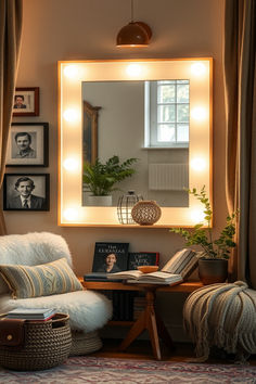 a living room with a chair, mirror and pictures on the wall in front of it