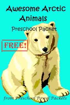 a white polar bear sitting on top of a blue background with the words animals preschool packet free