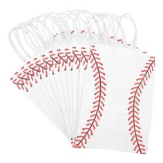 white paper bags with red and black baseball stitching on the front, set of 10