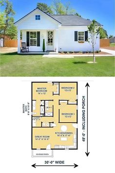 the floor plan for a small house with two bedroom and an attached porch, is shown in