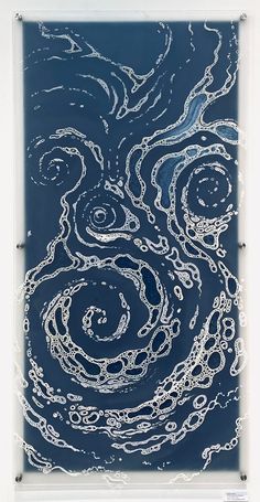 an abstract painting in blue and white with swirls