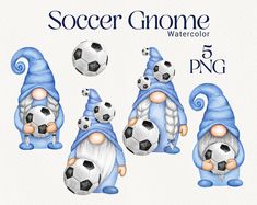 watercolor gnomes with soccer balls in their hands