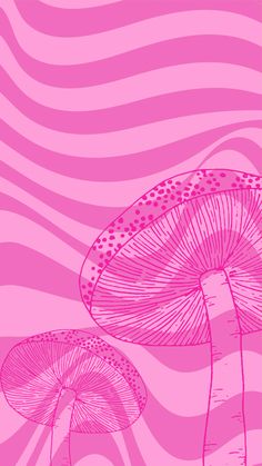 two pink mushrooms are in the foreground, with wavy lines behind them on a pink background