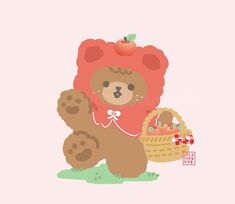 a brown teddy bear sitting next to a basket with an apple on it