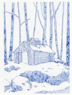 a drawing of a cabin in the woods with snow on the ground and trees around it