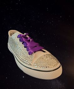 These custom bling sneakers can be customized  for any occasion, wedding, Quince, or anything you desire.  I make these per order, rhinestone are all hand placed, and the custom details are not iron on or paint, they are also hand placed rhinestones.  The ribbon and  custom details are Purple color. Provide the custom details  and I will get to work for you.  These are not name brand, but if you would prefer name brand the price will vary, contact me and we can discuss what that will be.  These Sneakers Wedding, Bling Sneakers, Bridal Sneakers, Ribbon Shoes, Wedding Sneakers, Shoes Purple, Custom Bling, Rhinestone Shoes, Purple Shoes