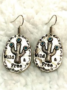 Silver western cactus earrings featuring 3 small colored stones. RTS/PICKUP Western Cactus, Cactus Earrings, Colored Stones, Wild And Free, Custom Accessories, Stone Color, Silver Earrings, Cactus, Drop Earrings