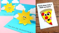 two cards with pictures of sun and pizza on them, one has a card that says you'll always have a pizza my heart