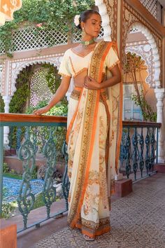 Cream saree featuring floral, bird and geometric combination printed motifs. Comes with sequin embellished blouse. - Aza Fashions Cream Saree, Print Saree, Embellished Blouse, Blouse For Women, Printed Sarees, Aza Fashion, Silk Printing, Types Of Sleeves, Blouses For Women