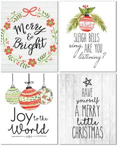 four christmas cards with hand lettering and ornaments