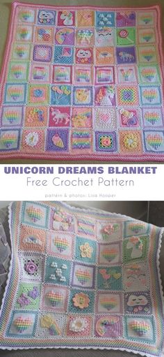 a crocheted blanket is shown with the words unicorn dreams blanket on it