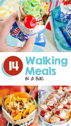 a collage of pictures with the words walking meals in a bag