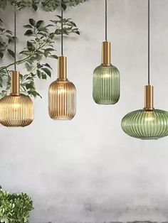 three green and gold glass pendant lights hanging from the ceiling next to a potted plant