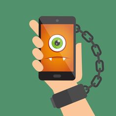 a hand holding a cell phone with a chain around it and an evil eye on the screen