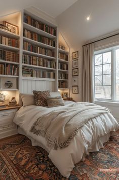 a large bed sitting under a window next to a tall book shelf filled with books