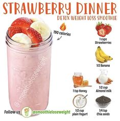 a smoothie with strawberries, bananas and yogurt is shown in this poster