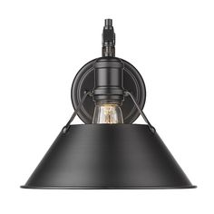 an industrial style light fixture with a black shade on the side and a white background