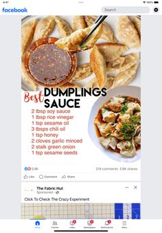 the facebook page for best dumplings sauce is shown with an image of food on it