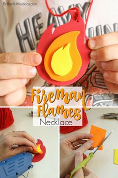 this is a collage of photos showing how to make fireman flames necklaces