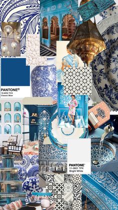 an assortment of blue and white plates, vases, and other decorative items are featured in this collage