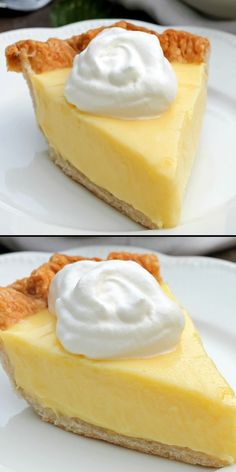 two pictures of a lemon pie with whipped cream on top and the same slice missing