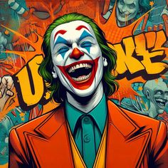 a painting of the joker in front of a bunch of clowns with his mouth open