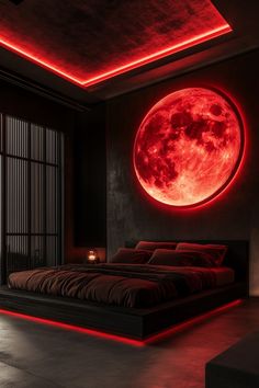 a large bed sitting under a red moon in a bedroom