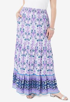 Tiered Maxi Skirt | Roaman's Casual Printed Relaxed Maxi Skirt, Ikat Border, Lunch With Friends, Skirt Purple, Tiered Maxi Skirt, Printed Skirt, Woman Within, Swimsuits For All, Special Birthday