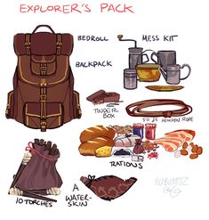 a backpack and other items that are labeled in the text, explorer's pack