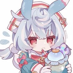 an anime character with white hair and blue eyes holding a cup in her hand, while wearing