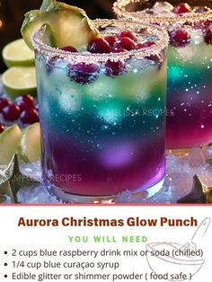 an ad for aurora christmas glow punch with cranberries and pineapples on the rim