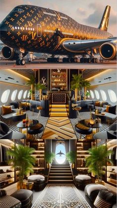 the inside of an airplane with stairs leading up to it and a large jetliner in the background