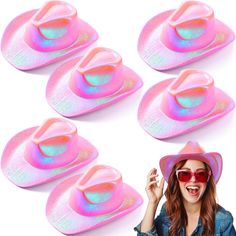 a woman wearing sunglasses and a pink hat with six plates in the shape of hearts